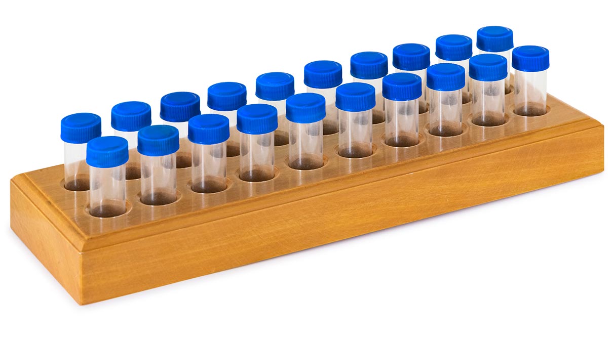 Socle en bois avec 20 tubes pour ranger les pierres Seitz