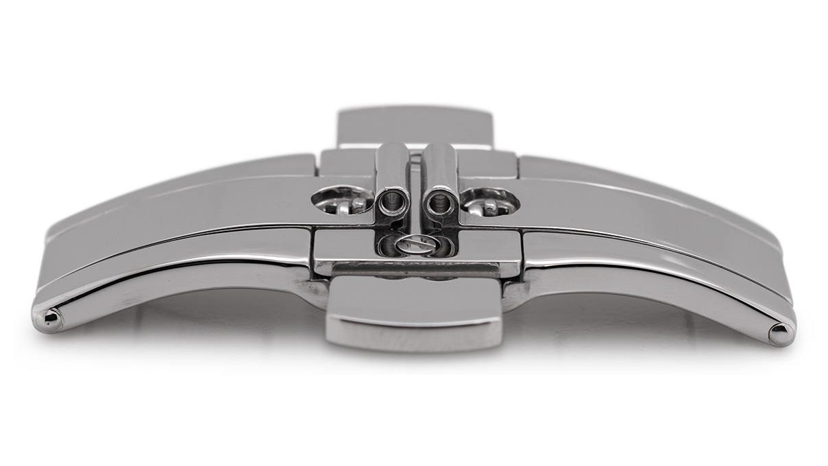 Fermoir déployant papillon pliable pour bracelets métalliques, poussoir/largeur/longueur: 6 mm, 12 mm, 40 mm, 2
boutons 23 mm, Couleur argentée, Acier inoxydable