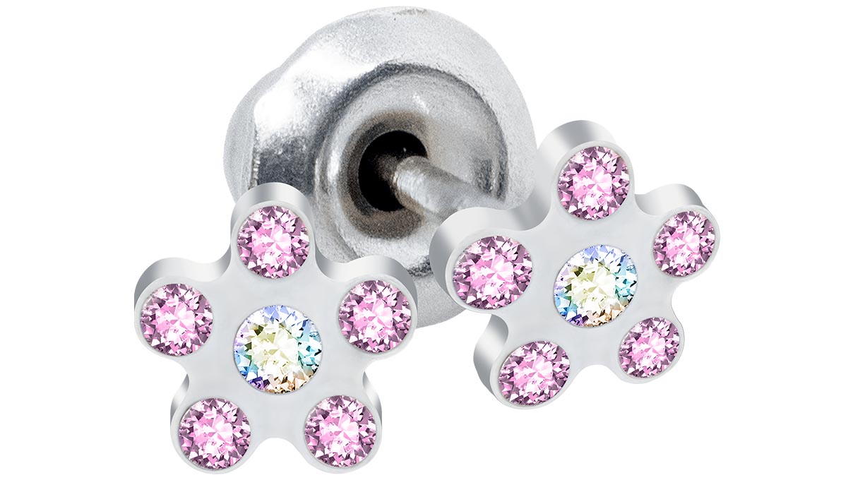 QPP Ohrstecker K21, Blume, Kristall bunt, Edelstahl weiß, 1 Paar