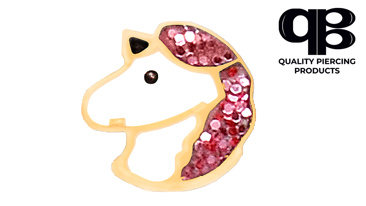 QPP puces d'oreilles A126, Unicorn émail rose, plaqué or jaune, 1 paire