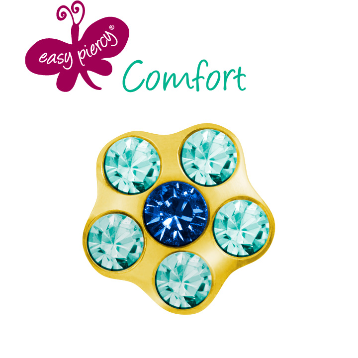 Easy Piercy Comfort 1 paire de boutons d'oreilles Flower Ø 5,0 mm, doré, imitation saphir/aiguemarine