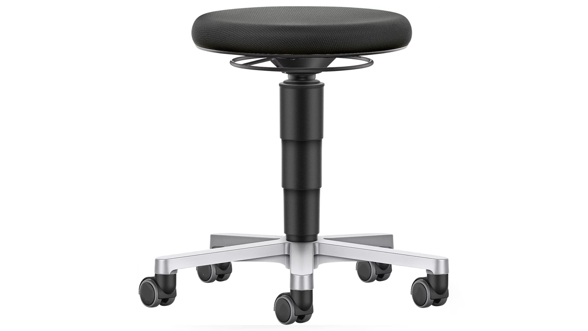 Bimos Tabouret 9463, hauteur d'assise 45 - 65 cm, rembourrage confort en Supertec noire, structure
noire, piétement en aluminium, roulettes souples pour sols durs