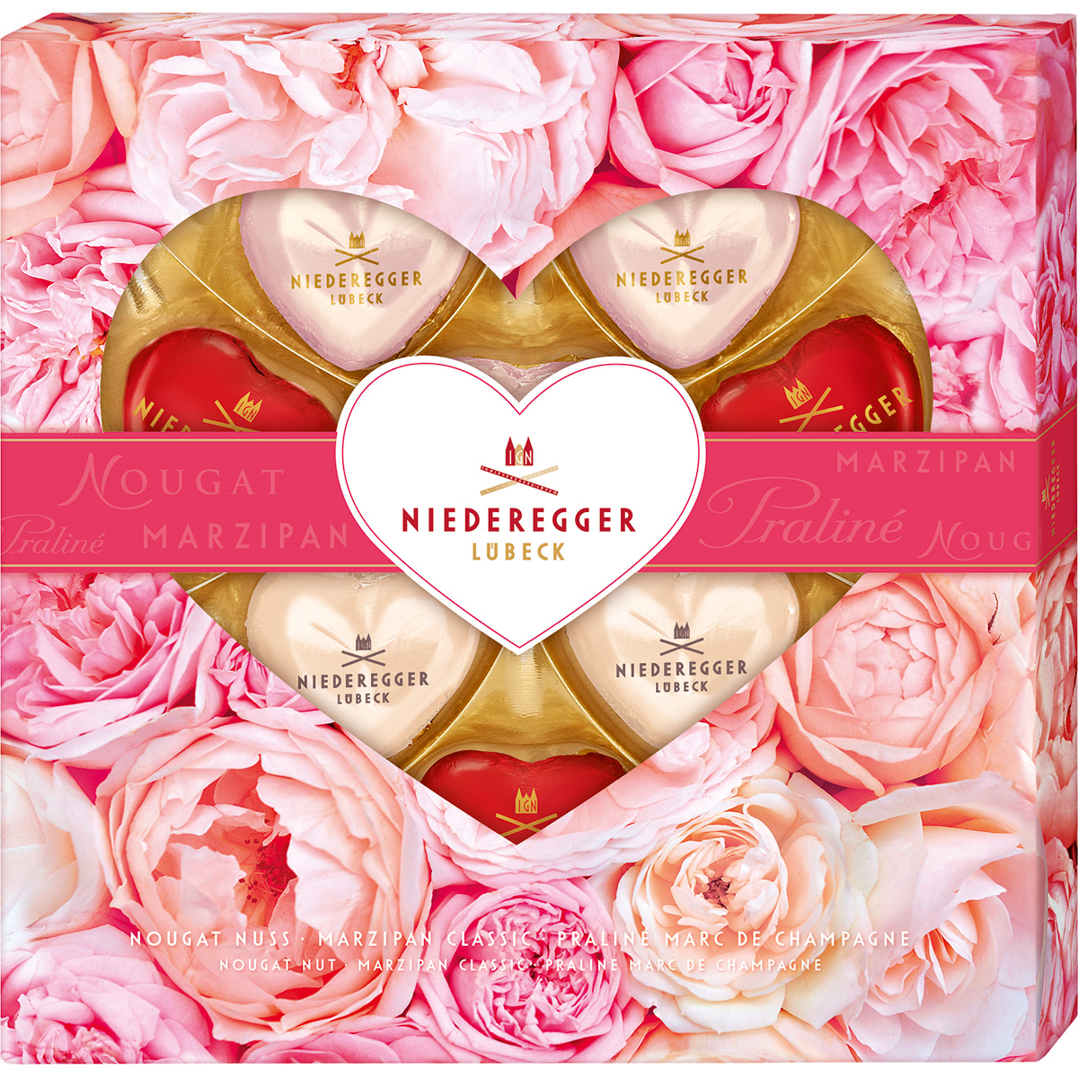 Niederegger coeurs master selection, 125 g, massepain classic, nougat nut, praliné marc de champagne