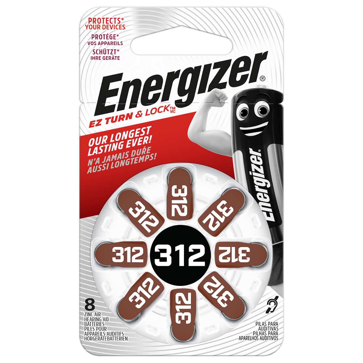 Energizer Zinc Air piles auditives No. 312, plaquette de 8 piles, 1,4 Volt, 130 mAh