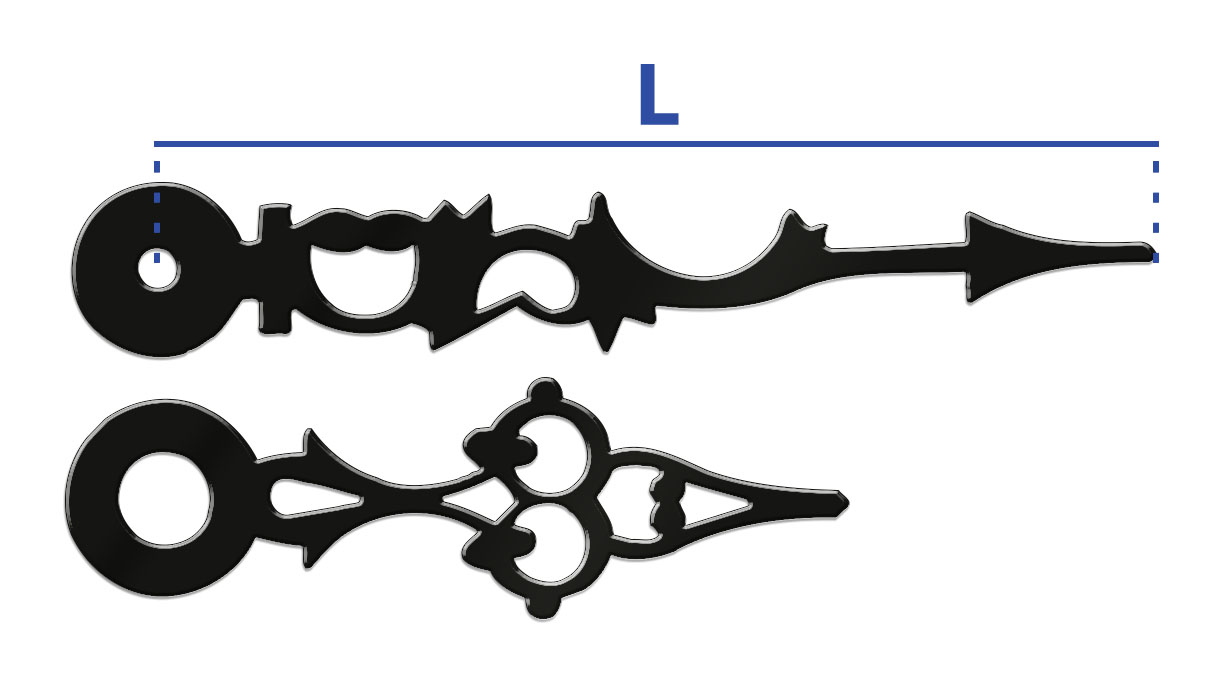 Paire d'aiguilles, forme antique, longueur 60 mm, aluminium, noir, trou Euro