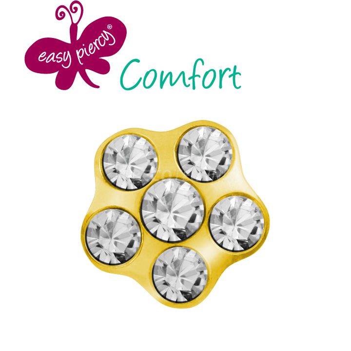 Easy Piercy Comfort 1 paire de boutons d'oreilles Flower Ø 5,0 mm, doré, imitation diamant/diamant