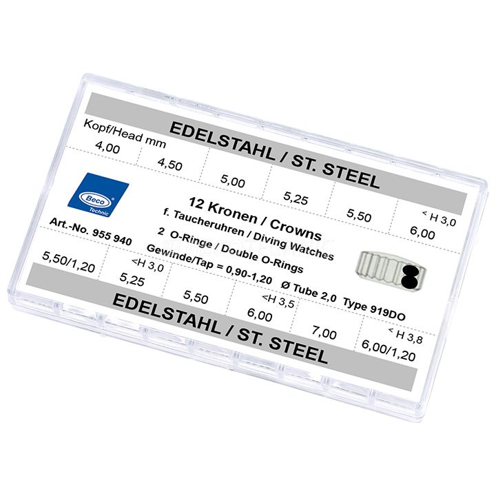 Assortiment de Couronne pour les montres de plongée 919DO, 12 pièce, acier inoxydable, hauteur 3,0, Ø 4,0-6,0, hautur 3,5, Ø 5,25-6,0, tubus 2,0, filetage 0,9, hauteur 3,0, Ø 5,5-6,0, filetage 1,2, ét
