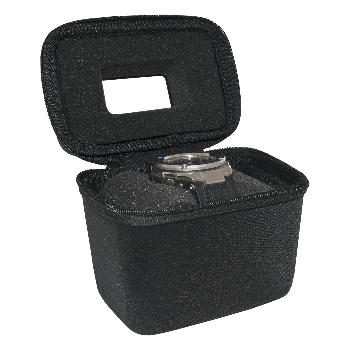 Watch Box étui de montre avec fenêtre, coque dure, revêtement textile, mat-brillant, noir, imprimable
avec votre logo