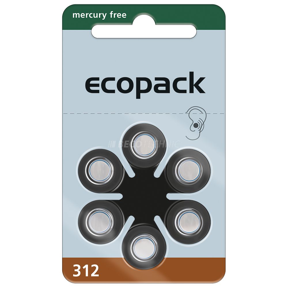Ecopack 6 Piles auditives Zinc Air No. 312, en blister
