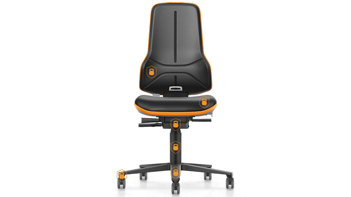 Bimos Neon XXL siège de travail pour charges lourdes 9565, hauteur d'assise 47 - 64  cm, technique de
synchronisationt, piétement orange, ruban flexible gris, roulettes souples pour sols durs, sans élément
rembourré