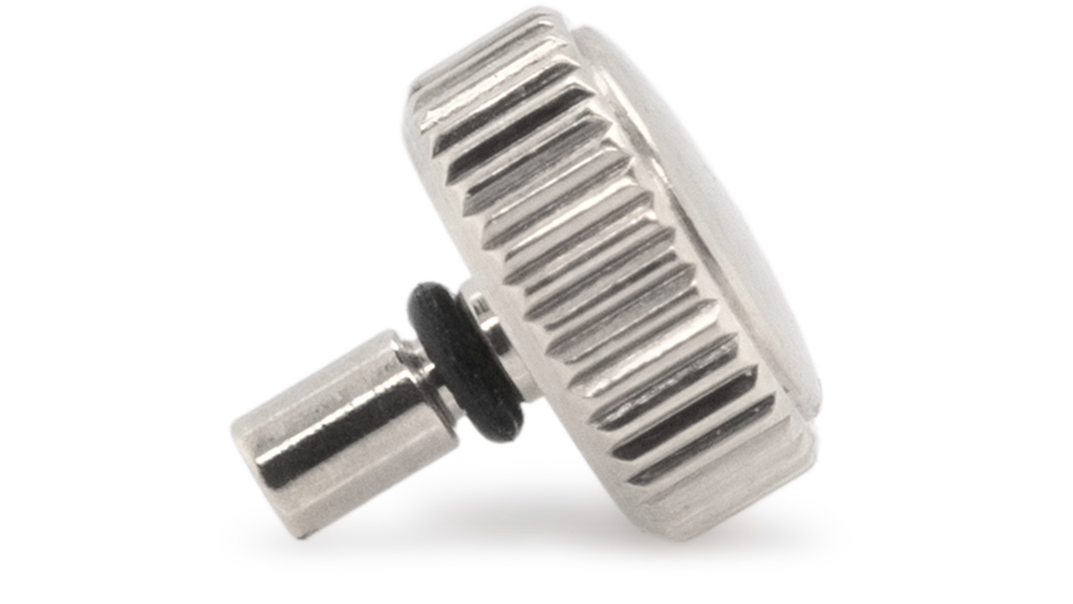 Couronne étanche, Forme japonaise, Acier inoxydable, Blanc, Tête Ø 3,25 mm, Filetage Ø 0,6 mm