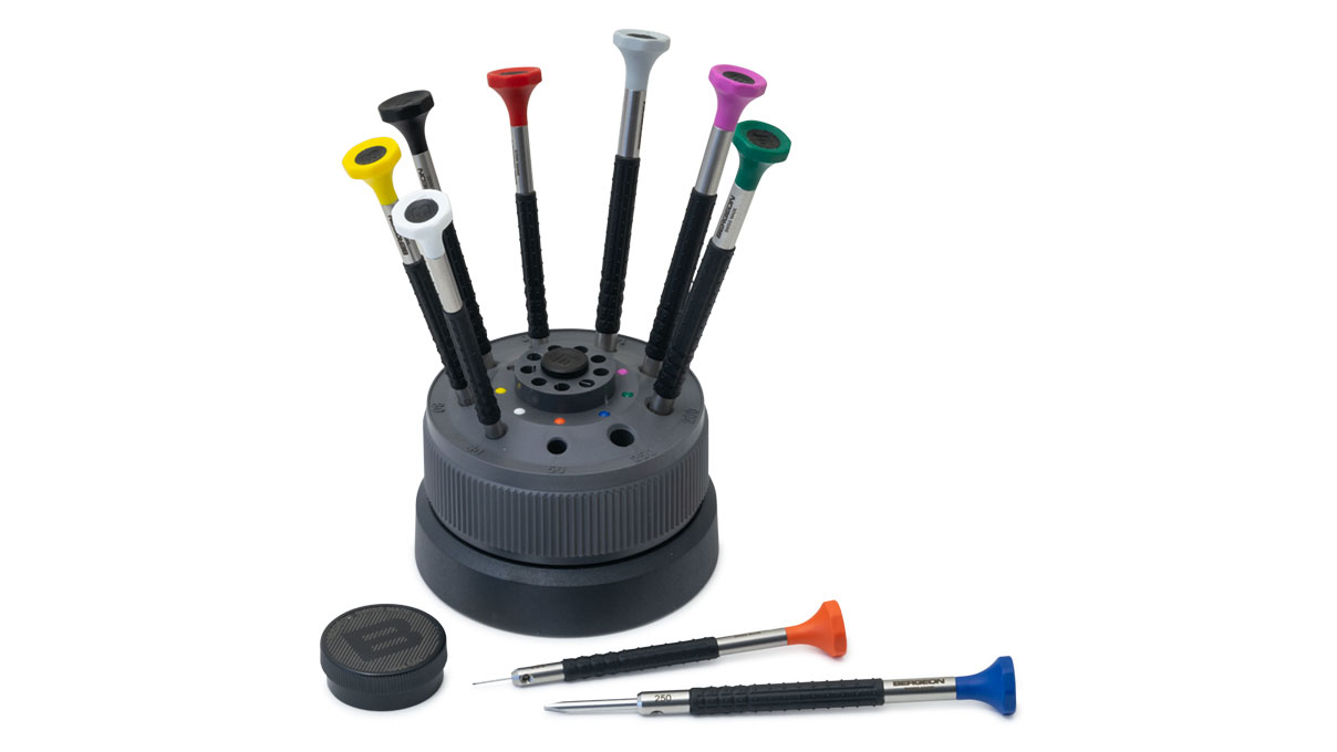 Bergeon 6899-S09 socle tourant avec 9 tournevis, avec mèches de rechange