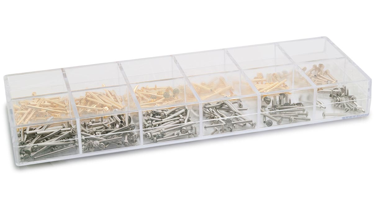 Assortiment de 180 barrettes à vis, laiton, tube Ø 1,35 mm, jaune et blanc, 10 x longueur 10 / 14 / 20 mm,
20 x longueur 12 / 16 / 18 mm