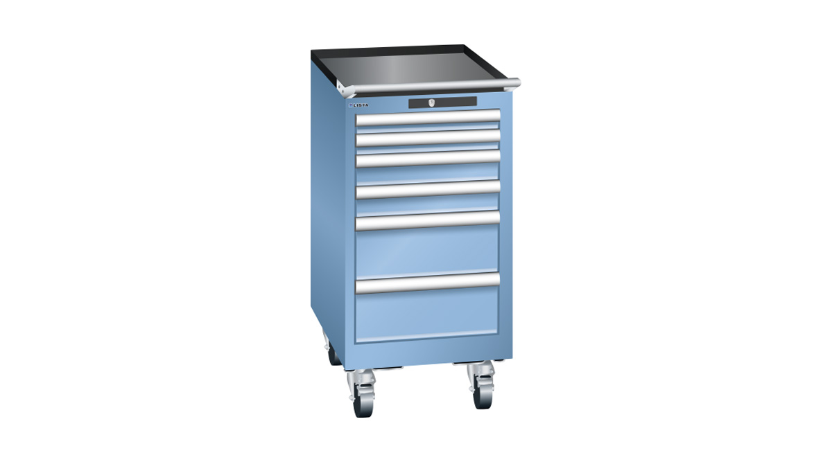 Lista armoire à tiroirs 18 x 27 E avec roulettes, 6 tiroirs, bleu clair, Key Lock, hauteur 840 mm