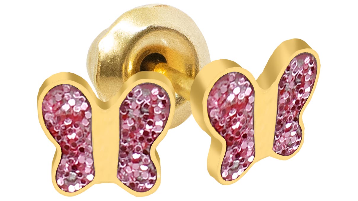 QPP Ohrstecker A18, Schmetterling, Emaille rosa, Edelstahl gelb vergoldet, 1 Paar