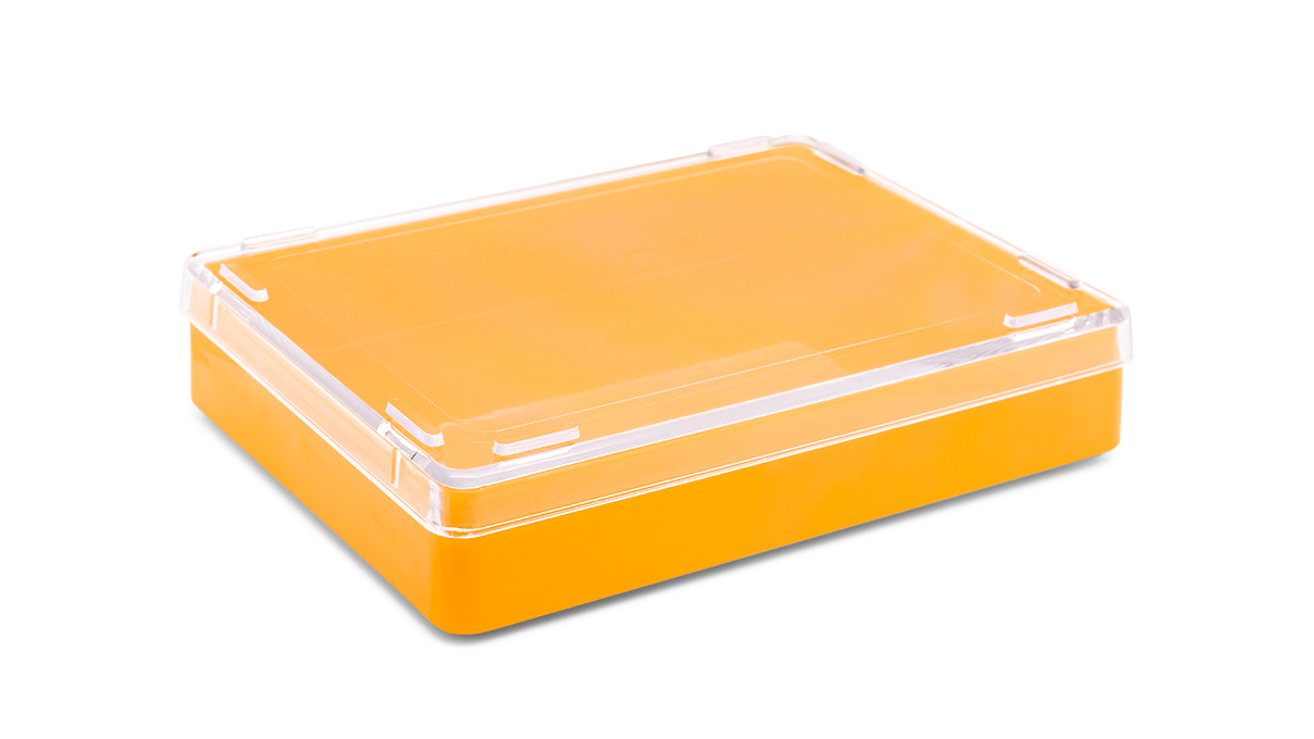 Boîte plastique avec couvercle, jaune, 17 x 90 x 64 mm