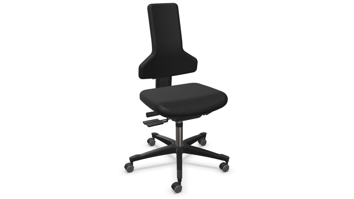 Siège de travail Dauphin, hauteur d'assise 45-65 cm, revêtement King noir, Tec Profile, roulettes souples,
Synchro-Activ-Balance, piétement noir, assise coulissante (6 cm)