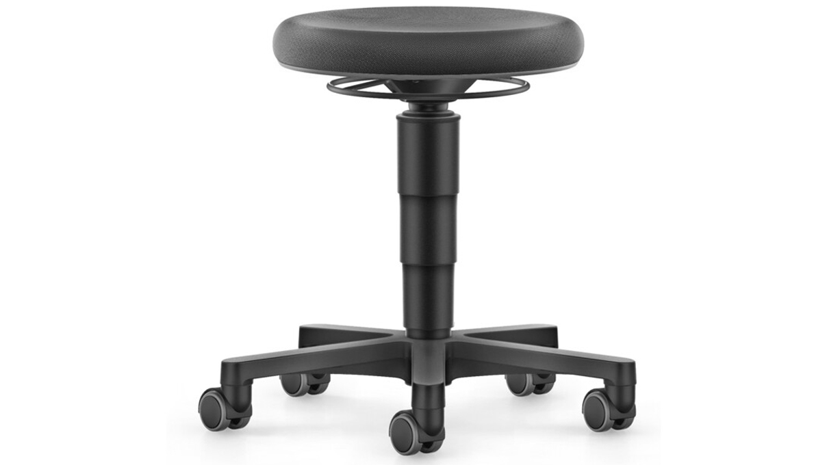 Bimos Tabouret 9463, hauteur d'assise 45 - 65 cm, rembourrage confort en Supertec noire, structure
noire, piétement en plastique, roulettes souples pour sols durs