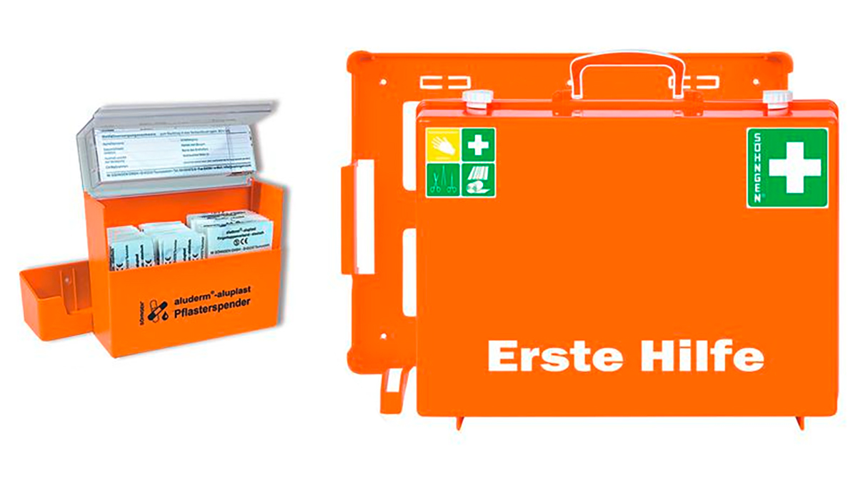 Mallette de premiers secours avec distributeur de pansements, DIN 13169