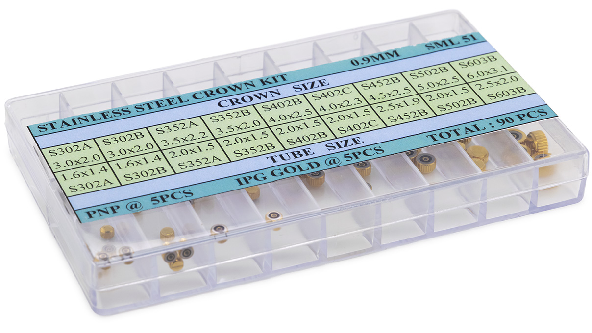 Assortment 90 couronnes étanches pierre prec. PNP & jaune GP filetage 0,9 mm