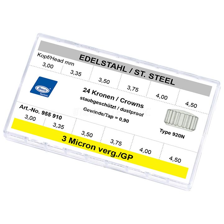 Assortiment de couronnes 920 N, Ø 3 - 4,5 mm, blanc / 3 µm jaune, filetage 0,9 mm, antipoussière, 24 pièces