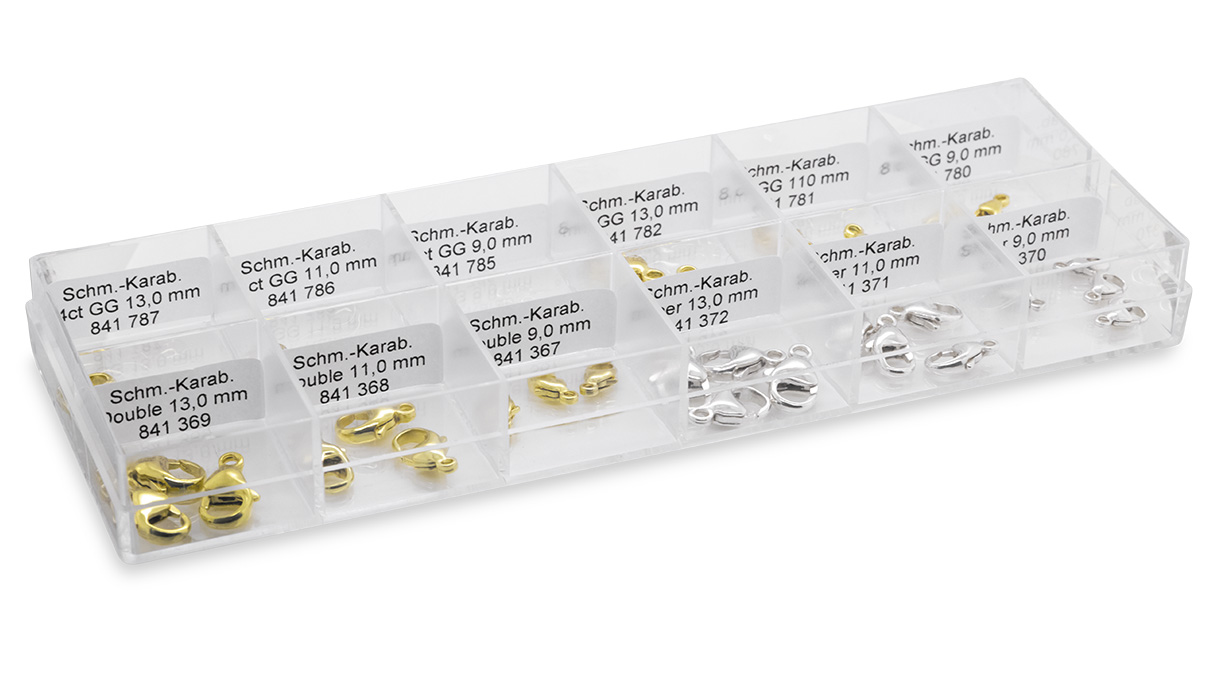 Assortiment de mousquetons pour bijoux, longueurs 13, 11 et 9 mm, 1 x 14 carats, 2 x 8 carats, 3 x plaqués
or, 4 x argent, soit 30 pièces au total