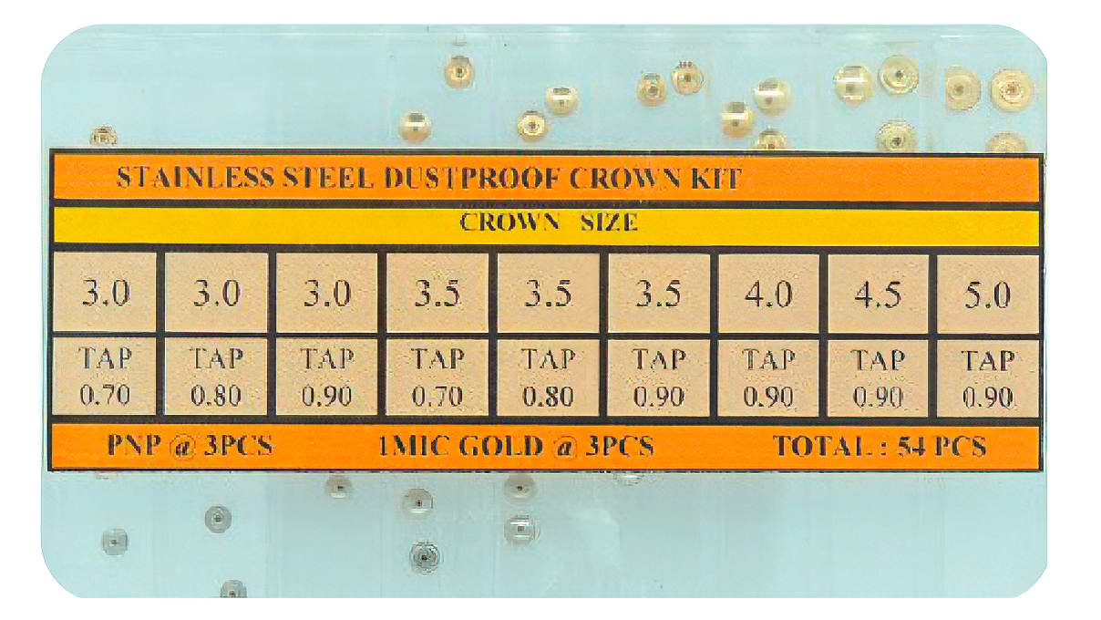 Sortiment 54 Stück Kronen staubgeschützt Edelstahl PNP & gelb veroldet GW 0,90 mm