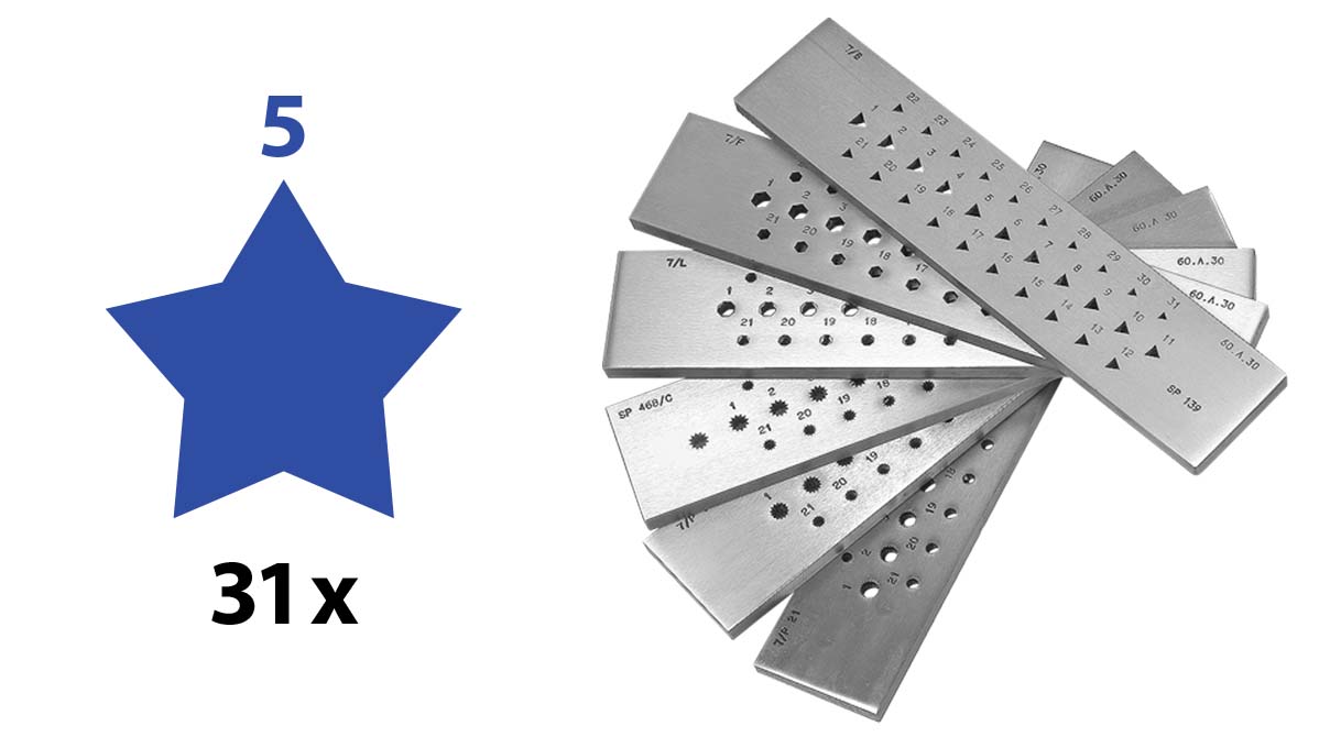 Filières à étirer, Acier, Étoile (5 branches), 31 trous, 6 - 3 mm
