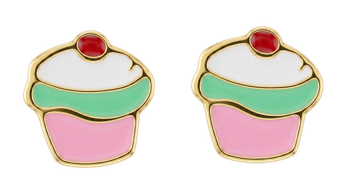 QPP puces d'oreilles K16, cupcake en émail, inox plaqué or jaune, 1 paire