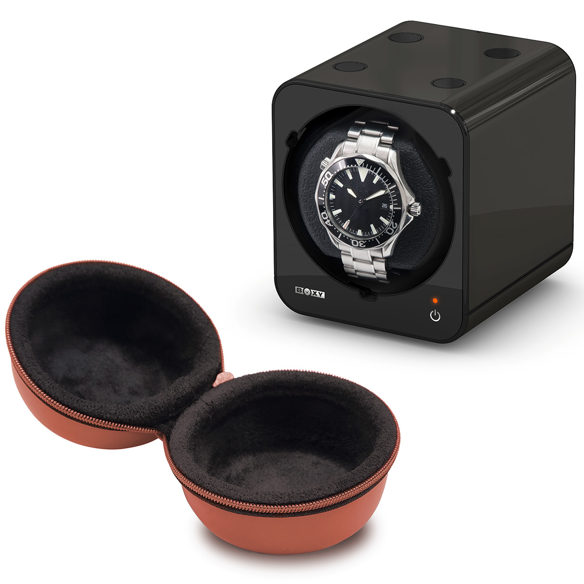 Boxy Watch Box, Étui de montre, cuir volant, brun, ronde