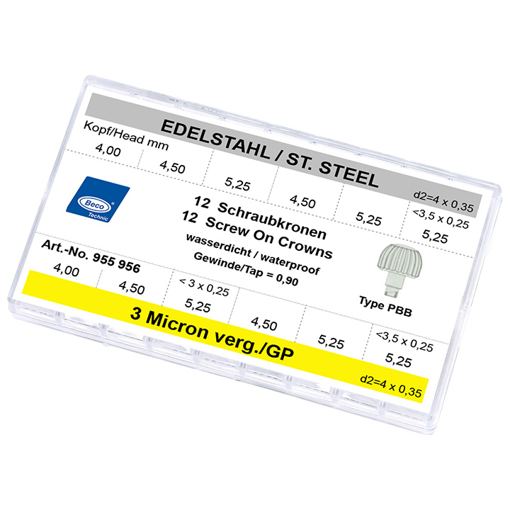 Assortiment de 12 couronnes à vis PBB, acier inoxidable Ø 4,0-5,25 et 3 microns jaune Ø 4,0-5,25, filetage 0,90,