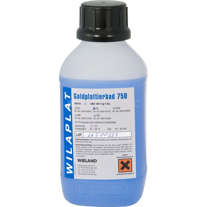 Bain de placage d'or Wilaplat 750, SI, acide, avec 4 g Au/l (prêt à l'emploi 1 litre)
