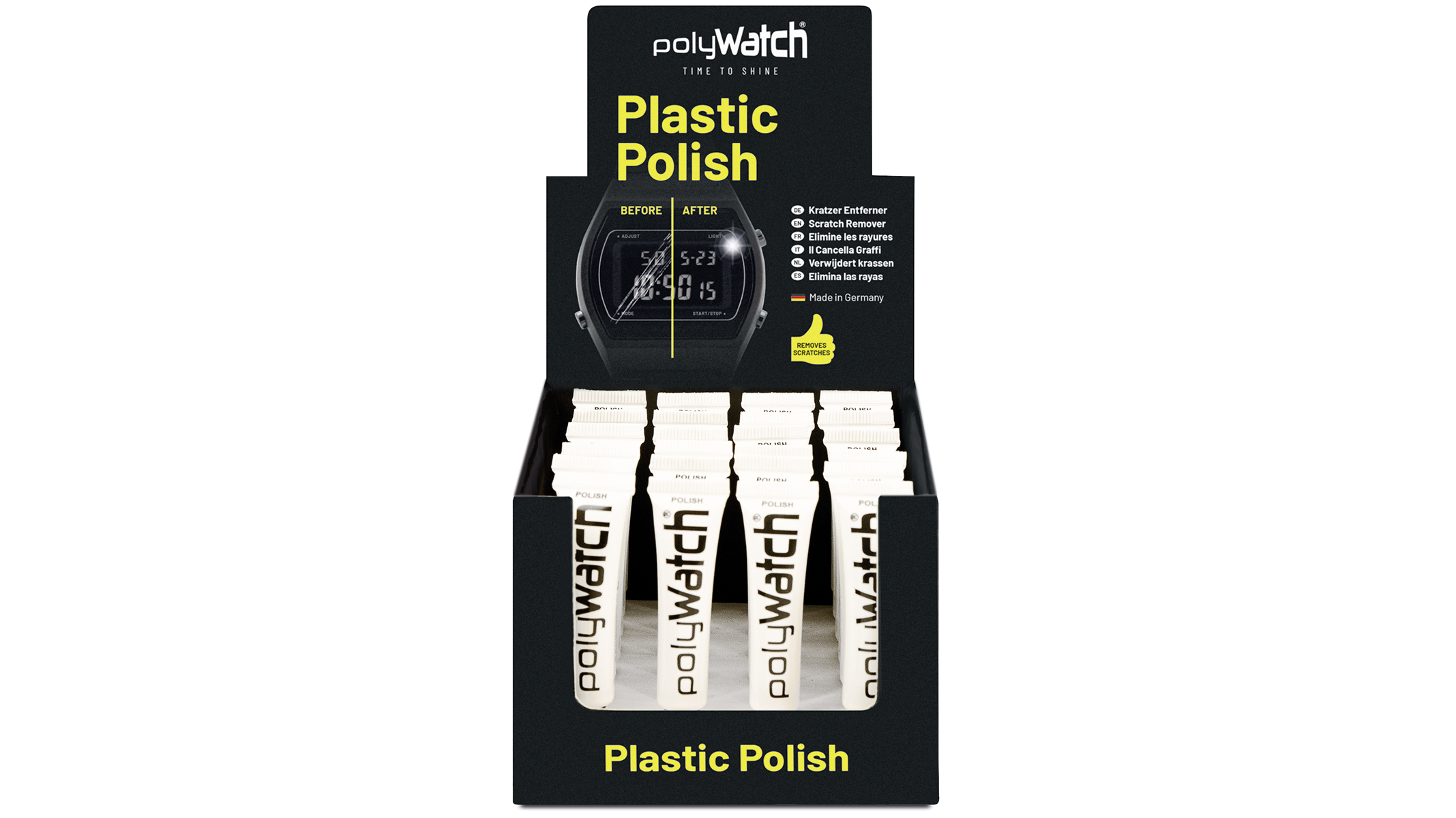 polyWatch Plastic Polish présentoir de vente, pâte à polir pour verre de montre