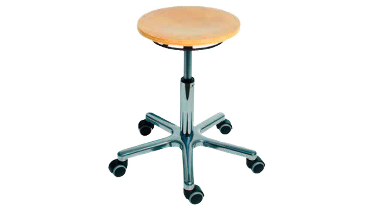 Drehhocker mit Rollen, Buchenholzsitz, Fußkreuz Aluminium poliert, Sitzhöhenverstellung 47 - 65 cm