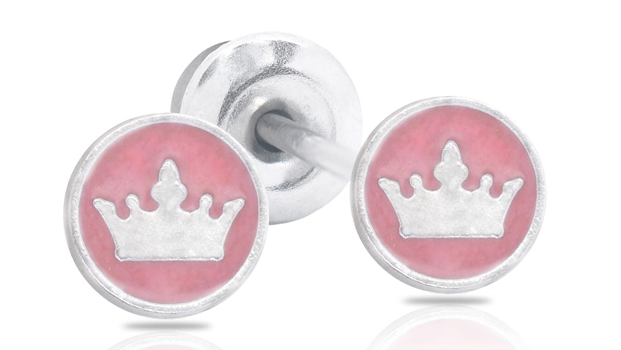 QPP Ohrstecker JCM10, Krone, Emaille rosa, Disney-lizenziert, weiß, 1 Paar