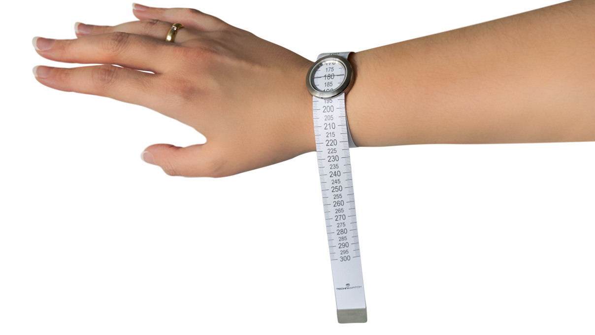 Bracelet de mesure pour simuler de manière réaliste une montre-bracelet au poignet grâce à un boîtier en
acier inoxydable intégré