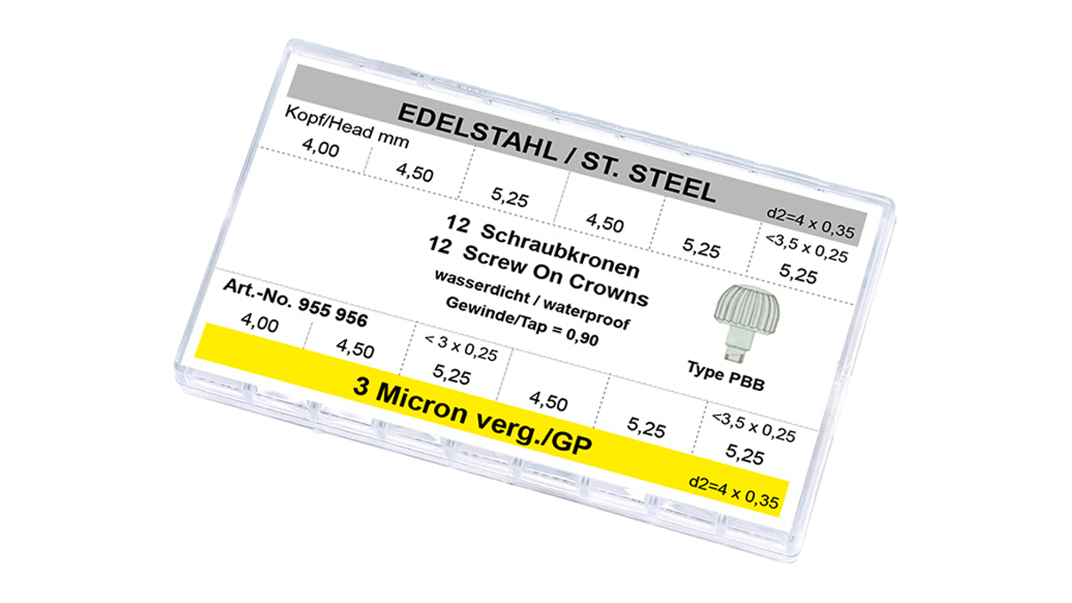 Assortiment de 12 couronnes à vis PBB, acier inoxidable Ø 4,0-5,25 et 3 microns jaune Ø 4,0-5,25, filetage
0,90