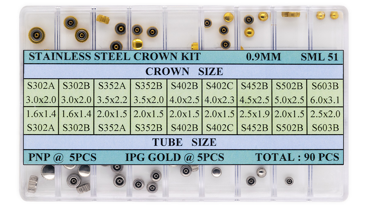 Assortment 90 couronnes étanches pierre prec. PNP & jaune GP filetage 0,9 mm