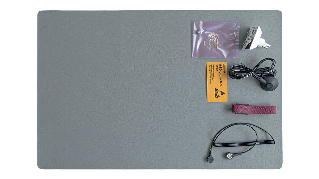 Kit de poste de travail ESD, 400 × 600 mm, gris, système de mise à la terre avec fiche secteur T12