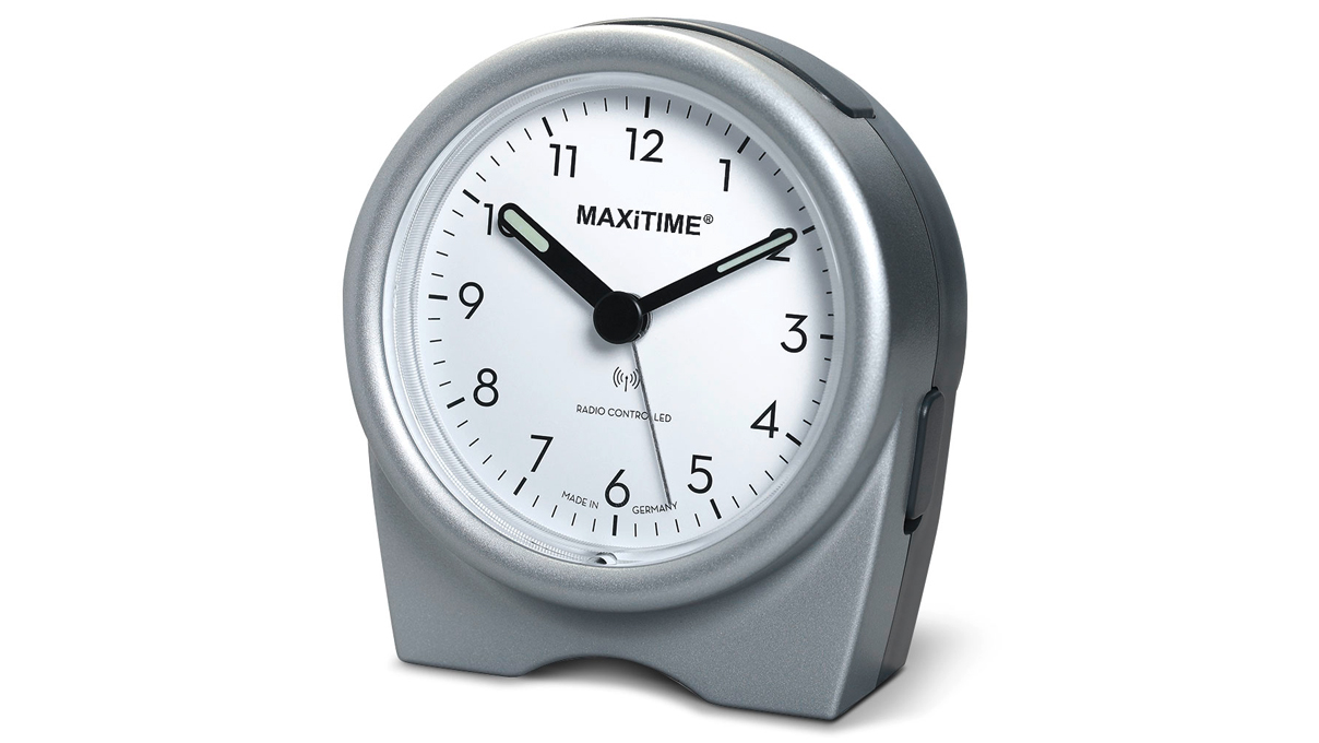 Réveil radio-piloté Maxitime avec Snooze, crescendo alarm, lumière, 2 aiguilles, boîtier argenté avec pied