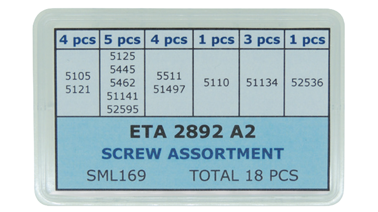 Jeu de vis pour le calibre ETA 2892-A2, 18 vis pour les positions ETA 5105, 5121, 5125, 5445, 5462, 51141,
52595, 5511, 51497, 5110, 51134 et 52536
