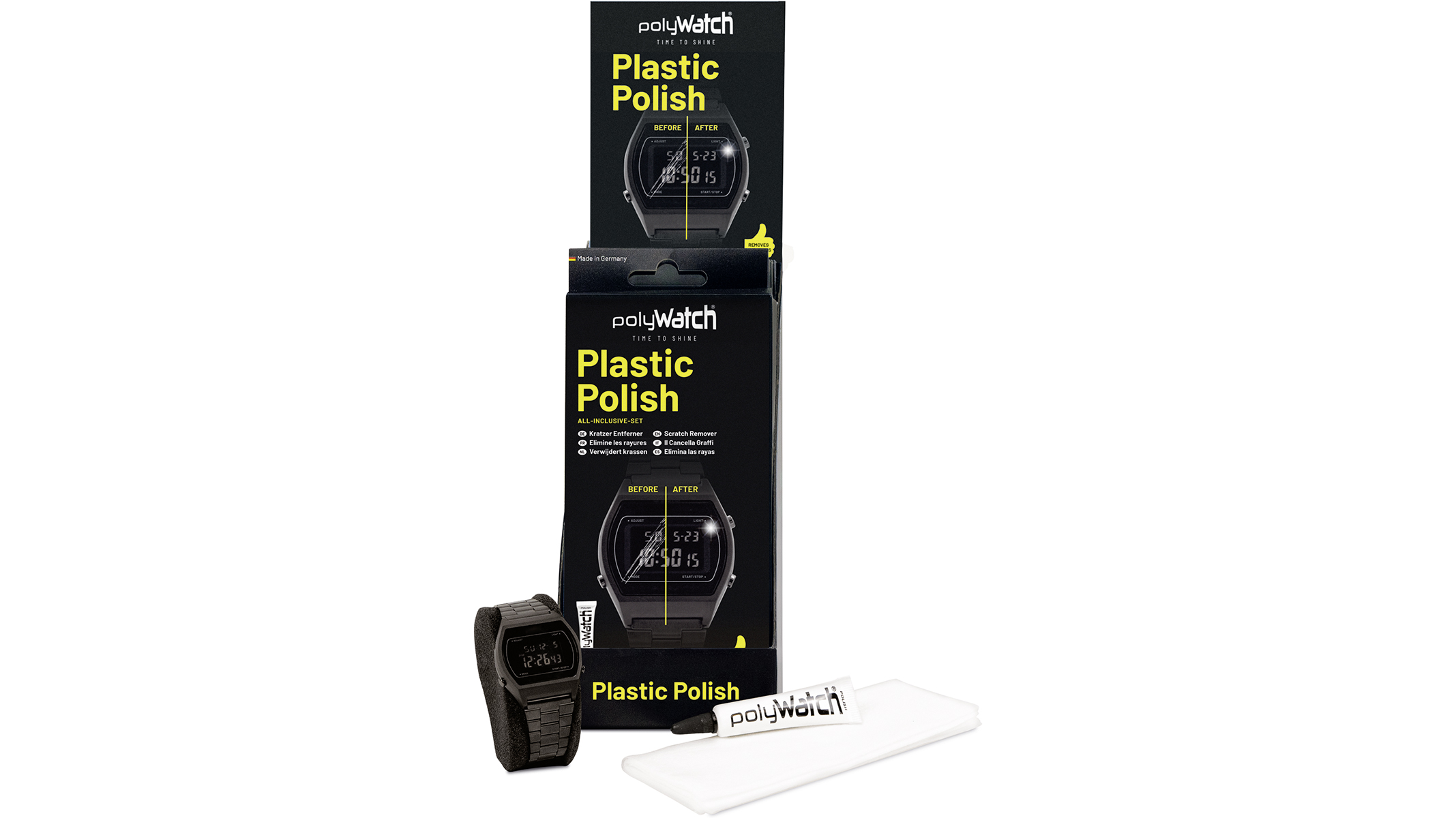 polyWatch Plastic Polish, présentoir de vente, pâte à polir plastique