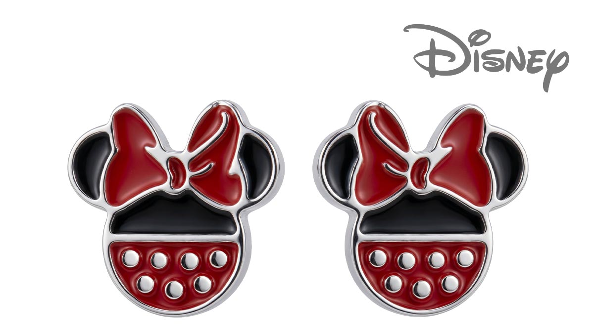 QPP Boucles d’oreilles puces JCM8, Minnie, Émail rouge et noir, Sous licence Disney, Blanc, 1
paire