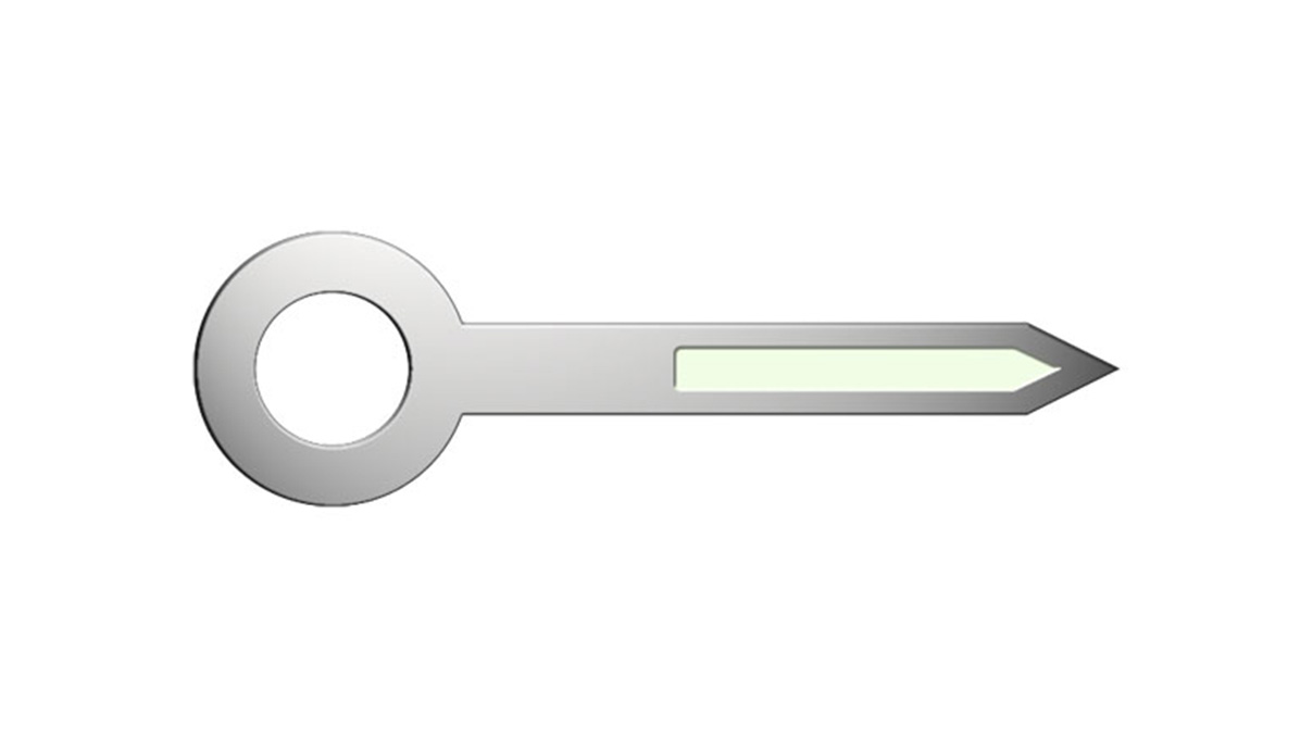 Aiguille des heures, radium, couleur nickel, trou Ø 1,2 mm, longueur 10 mm