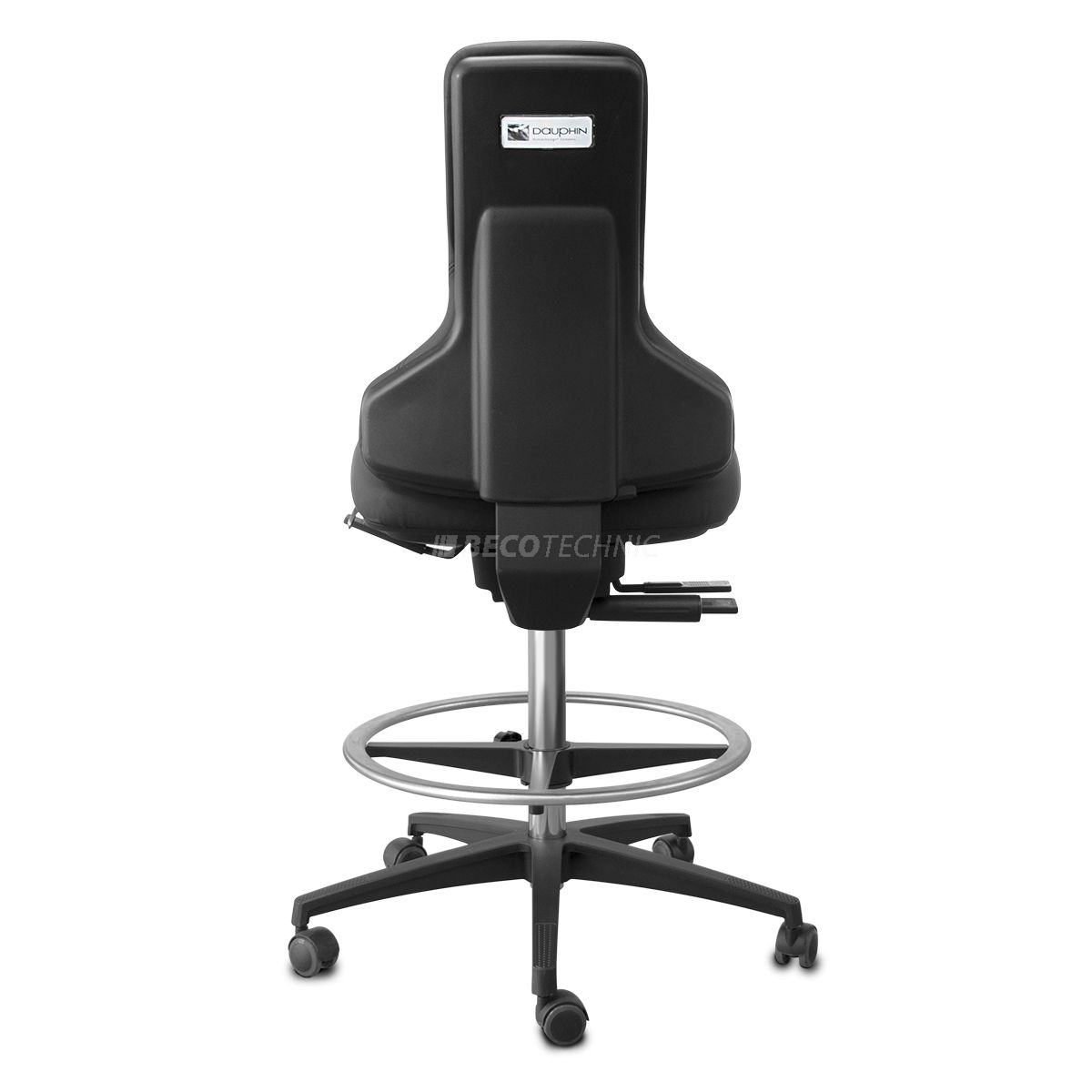 Dauphin TEC Chaise (AB), similicuir cat A noire, hauteur du siège 59 - 84 cm, anklet d'argent, roulettes, base noire