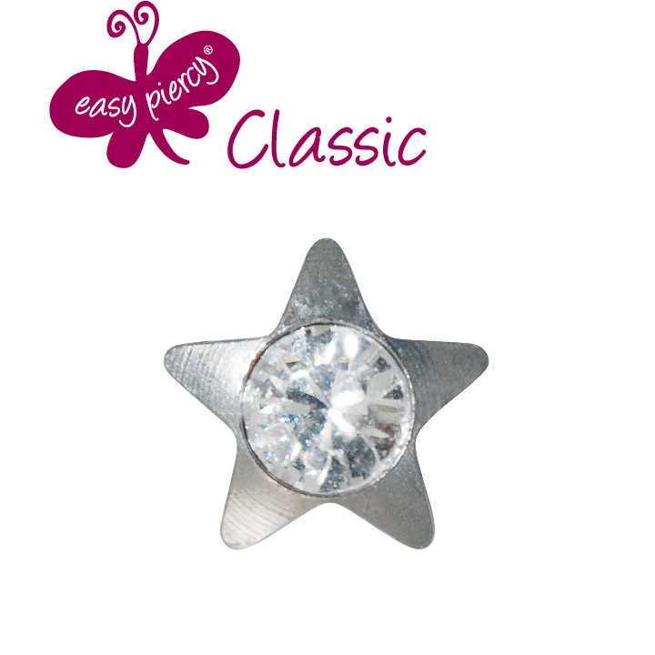 1 paires boutons d`oreilles Easy Piercy Classic, blanc, étoile imitation de diamant