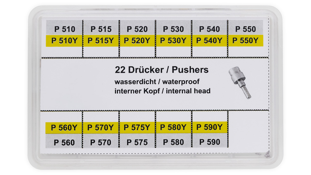 Assortiment de poussoirs, étanches, inox, blancs et jaunes, 22 pièces