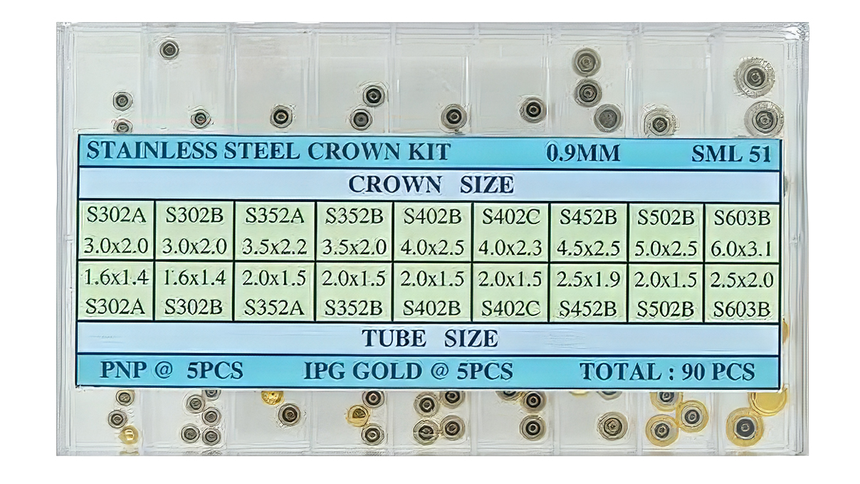 Assortment 90 couronnes étanches pierre prec. PNP & jaune GP filetage 0,9 mm