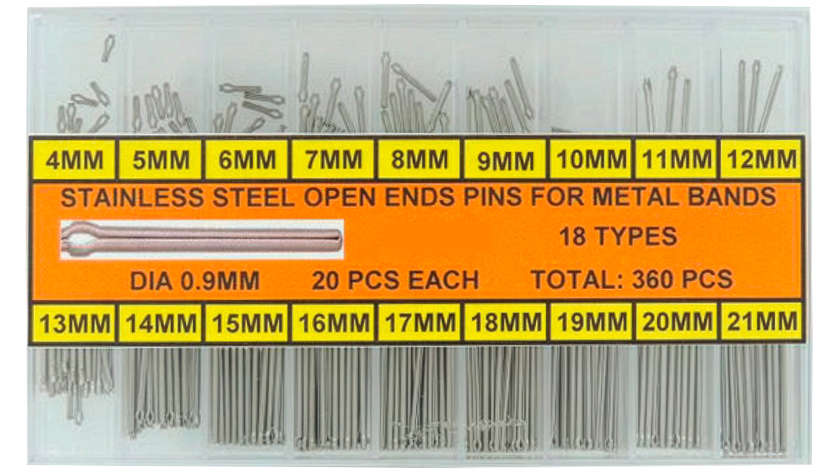 Assortiment de Open End Pins, acier inox, Ø 0,9 mm, longueur 4 - 21 mm, 360 pièces