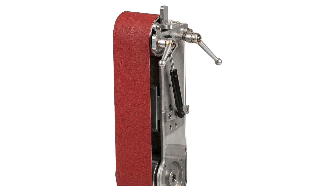Unité de ponçage à bande/satinage pour machines Micromecalp XPRO, support de bande en acier, y
compris support de ponçage 1000 x 100, tendeur à ressort à gaz, plaque support en céramique, rouleau
d'entraînement en caoutchouc lisse Ø 100 mm, 80 SH